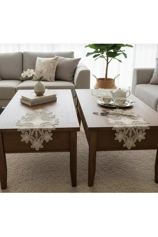 Salon Takımı 5 Parça Dantelli Keten Masa Örtüsü Runner Seti Çeyizlik Selena Model No 96536 Krem Çok Renkli