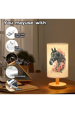Willowhaven 24x10 Kara At Baskılı Ahşap Renk Masa Lambası Led Işık Usb Şarjlı Yatak Başı Lamba Hediye Füme