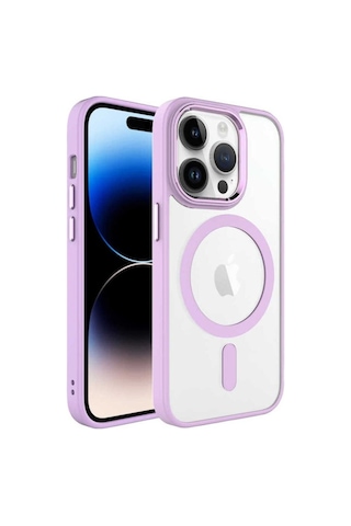 Apple Uyumlu iPhone 14 Pro Max Kılıf Wireless Şarj Özellikli Zore Krom M-safe Silikon Kapak Pembe Açık