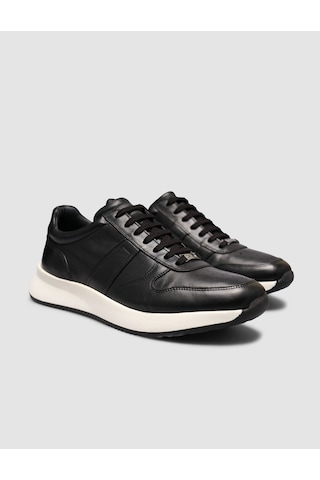 Cabani %100 Hakiki Deri Dokulu Siyah Napa Bağcıklı Erkek Sneaker Siyah