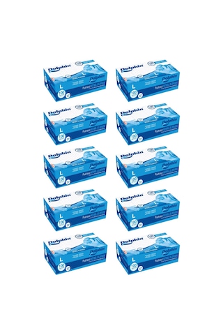 Dolphin Tek Kullanımlık Lateks Mavi Pudrasız Nitril Muayne Eldiveni Large Büyük Boy 100'lü 10 Paket