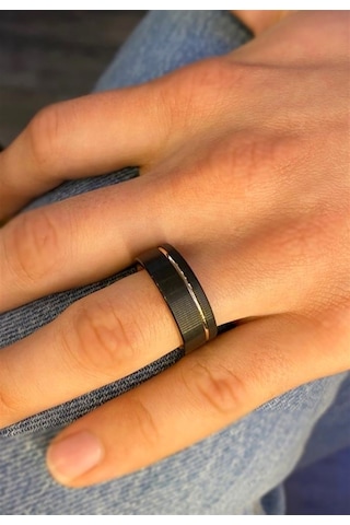 Celikchi Erkek Tungsten Bakır Renk Detay Yüzük Rose Gold - Siyah
