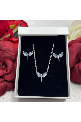 Mavi Melek Kanadı Kadın 2'li Setii 925 Ayar Gümüş Rodyumlu Zirkon Taşlı Gümüş