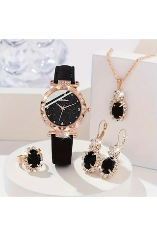 Kadın Vintage Yuvarlak Saat Analog Ve Kolye+küpe+yüzük Takı Altın - Siyah