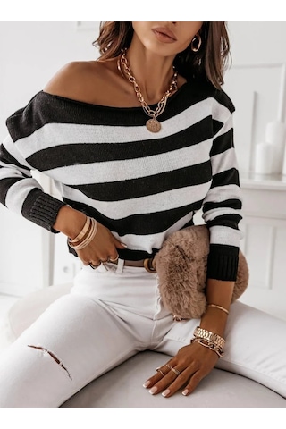 Kadın Uzun Kollu Kayık Yaka Triko Bluz Siyah