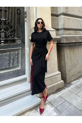 Modazeyosh Bağlamalı Modal Kumaş Elbise Siyah