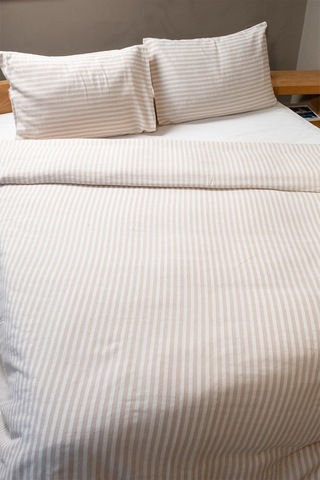 Vivamaison Çizgili Keten Tek Kişilik Nevresim + Yastık Sütlü Kahverengi