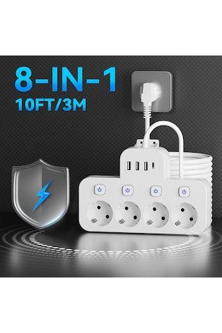 Xuweiwei Beyaz 10ft 8i 1 Arada Standart Eu Priz 4 Usb Portu Usb C Portlu Bagimsiz Anahtarlı 3m Uzatma Kablosu