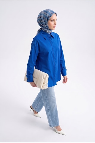Armine Trend Klasik Yaka Gizli Patlı Oversize Gömlek İndigo 26yt304