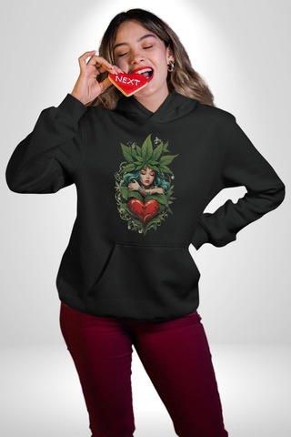 Kalp Parmak Kız Yeşillik Mutluluk Kadın Erkek Siyah Kapüşonlu Sweatshirt Hoodie Siyah