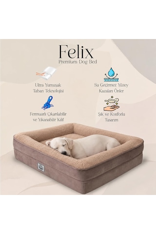 Felix Köpek Yatağı Kahverengi Büyük 55x75 Cm, Visco Sünger,%100 Su Geçirmez Alez, Çıkarılabilir Yıkanabilir Kılıf, Kaydırmaz Taban, Teddy Dokulu Kedi & Köpek Minderi