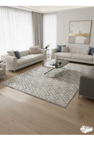 Konak Halı Modern Salon Halısı Geometrik Desenli Açık Gri Emboss Premium Kaymaz Taban Saçaklı Açık Gri