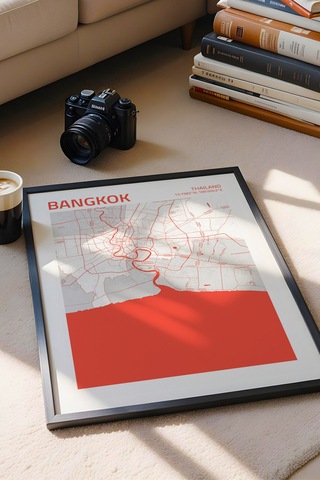 Bangkok Tayland Haritası Çerçeveli Tablo Lüks Salon Ofis Duvar Dekorasyonu Hediyelik Tablo