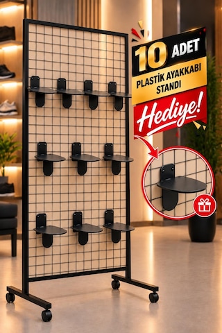 Tekerlekli Sık Telli Tel Raf - Tel Pano Stand, Duvar Askılığı-10 Adet Plastik Ayakkabı Standı Hediyeli 90x190 Cm 90 x 190 CM