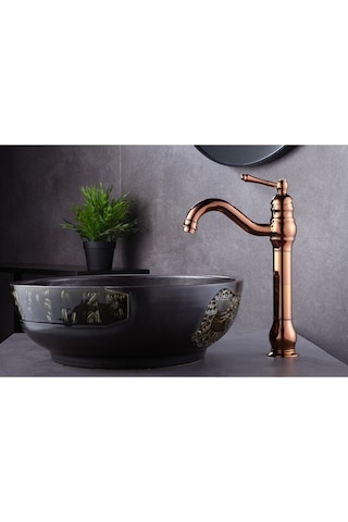 İsaoğlu Yapı Bakır Çanak Lavabo Bataryası Bronz Lavabo Musluğu Polina Çanak Batarya Rose Bakır Musluk Rose Gold