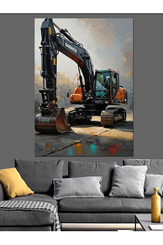 Ahşap Tablo Şantiyede Çalışan Modern Sarı Ekskavatör