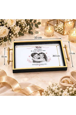 Bk Gift Kişiye Özel Fotoğraflı Siyah&gold Söz Nişan Tepsisi-2 - 39x23 Cm Çok Renkli