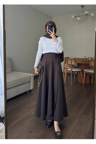Unika Boutique Kadın Yandan Bağlamalı Tesettür Uzun Kot Etek Kahverengi