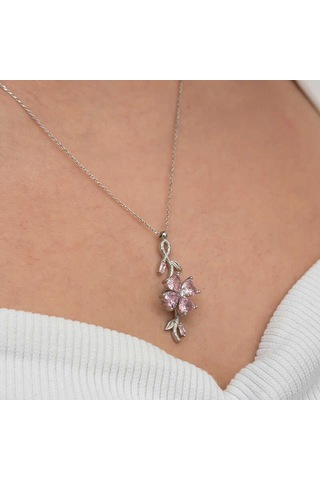 Gümüş Dönen Pembe Yonca Kadın Kolye Sl9052 Gümüş