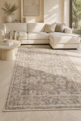 Sahra Collection Modern Vintage Desenli Eskitme Dokuma Yumuşak Salon Halısı Gri - Bej