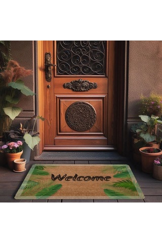 Valerine Life Beyaz Çerçeveli Palmiye Yaprakları Welcome Kapı Önü Paspası 45 x 70 CM