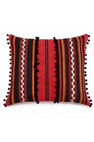 Kırmızı Kilim Boho Etnik Ponponlu İç Dolgulu Kırlent Yastık 45x35 Cm Kırmızı Turuncu Yeşil Siyah