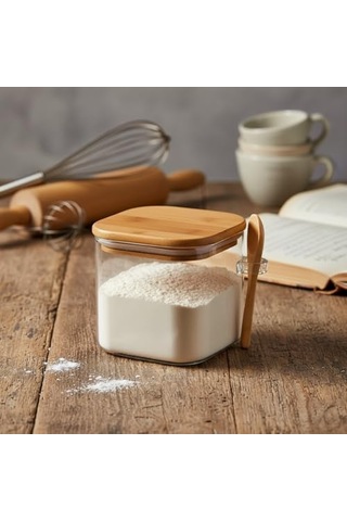 600 Ml Bambu Kapaklı Ve Kaşıklı Kare Cam Kavanoz, Vakumlu Ahşap Kapaklı Baharatlık, Kendinden Kaşık Yuvalı Şeker, Kahve Ve Banyo Tuzu Saklama Kabı 7009