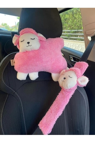 Pembe Kuzu Araba Boyun Yastığı Ve Emniyet Kemeri Aksesuarı Peluş Kılıf Seti 1 Yastık Ve 1 Kılıf Diğer