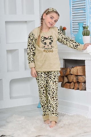 Kız Çocuk Leopar Desenli Göz Bantlı Peluş Polar Pijama Takımı Ekru