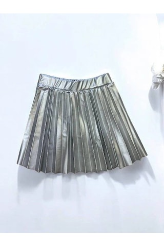 Kız Bebek Pileli Deri Etek-14903 Gümüş