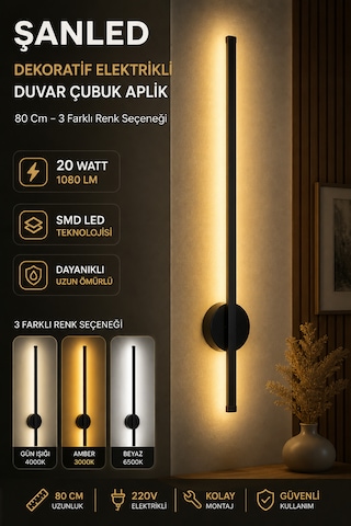 Dekoratif 20w İç Mekan Siyah Kasa 3 Renkli Işık Elektrikli 80 Cm Duvar Aplik 1 Adet