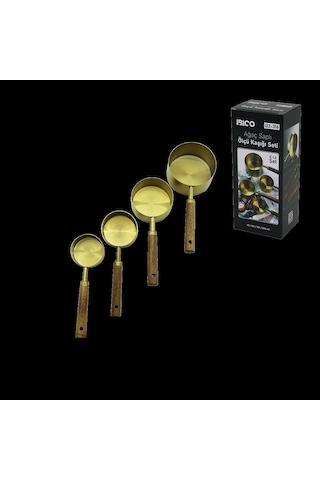 4'lü Ölçü Kaşık Seti 250/125/80/60 Ml - Gold Metal Ahşap Saplı Çok Renkli