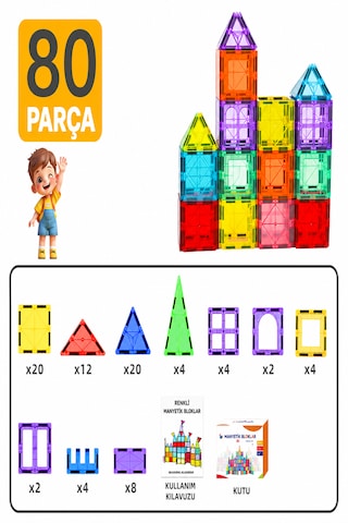 Solinpatech 80 Parça 7.5 Cm Büyük Boy Manyetik Blok Seti Güçlü Mıknatıslı Zeka Geliştirici Eğitici Oyuncak