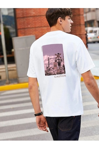 Erkek Siyah Oversize Caution Baskılı T-shirt Beyaz-65543