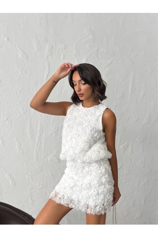Verymoda Gül Desenli Tül Etek F1757 Krem