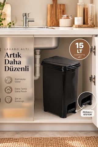 Porsima 0123-1 Slim Pedallı Çöp Kovası 15 Lt Siyah Taşıma Kulplu Mutfak Ve Banyo İçin Dar Alan Çöp Kovası