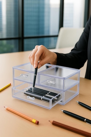 Şeffaf 3 Çekmeceli Kalemlik Düzenleyici Organizer 14 24 10 Cm Şeffaf