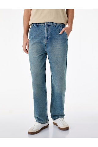 Koton Pamuklu Cepli Oversize Normal Bel Bol Skater Jean Pantolon Orta İndigo 6sam40369nd