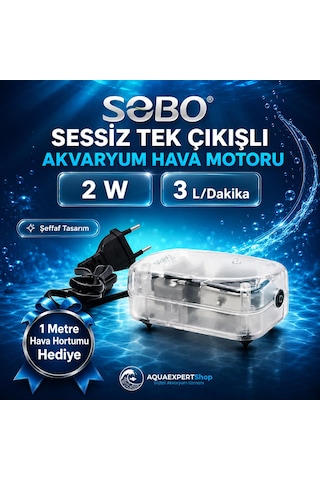 Sobo Sessiz Hava Motoru - Tek Çıkışlı - Şeffaf Tasarım - 1 Metre Hava Hortumu Hediye - 2w - 3lt/saat