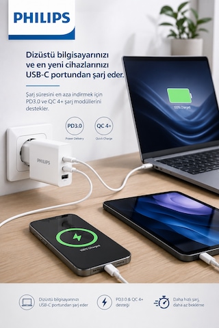 Philips Dlp2683/12 65w Gan Hızlı Şarj Adaptörü, 2x Usb-c Pd+1x Usb-a Qc 4.0 3 Port Duvar Şarj Cihazı