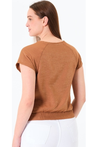 Sortie Collection Reglan Kollu Yazı Baskılı Beli Lastikli Bluz Kahverengi