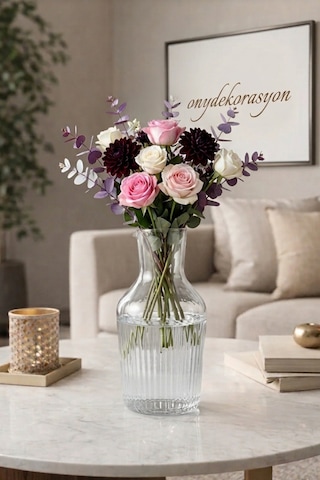 Dekoratif Cam Vazo 21 Cm Çizgili Şeffaf Modern Çiçeklik Minimal Ev & Salon Dekoru