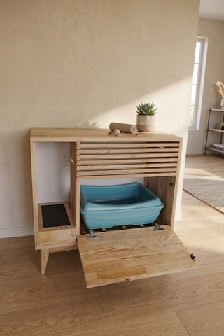 Reyo Pet Nordic Line Ahşap Kedi Tuvaleti Dolabı 1. Sınıf Masif Panel Kapalı Kedi Tuvaleti