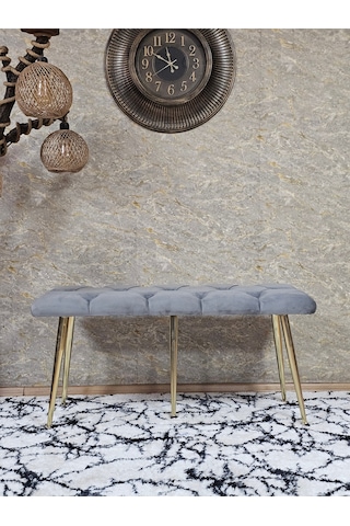 Zafir Gold Metal Yeşil Oturaklı Sivriltme Ayaklı Babyface Puf & Bench & Oturak Gri