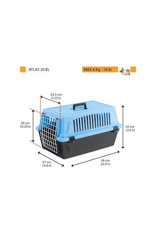 Ferplast Taşıma Kutusu Kedi, Köpek Taşıma Kutusu, 8 Kg'a Kadar Küçük Köpek Ve Kediler, Kapı Plastik Demir, Havalandırma Delikleri, 37 X 58 X Y 32 Cm, Sert Kabuklu Taşıma Kabı Atlas 20 El, Açık Mavi Enerji Sınıfı A+