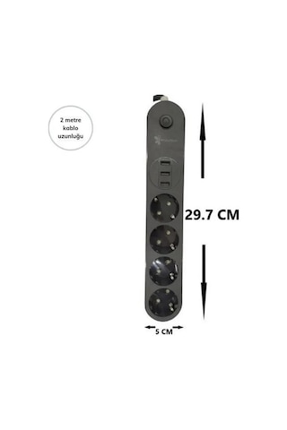4lü Siyah Anahtarlı 3 Usb Li Akım Korumalı Topraklı Çocuk Korumalı Grup Priz 2 Metre Diğer