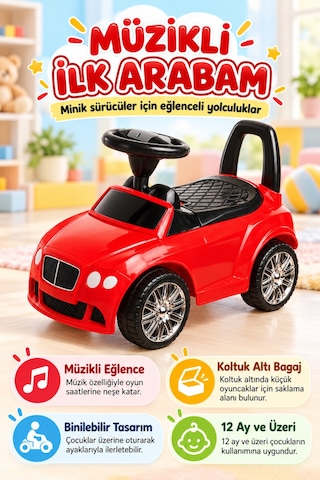 Müzikli İlk Arabam Koltuk Altı Bagajlı, Ayakla İtmeli Kırmızı Çocuk Arabası, 12 Ay+