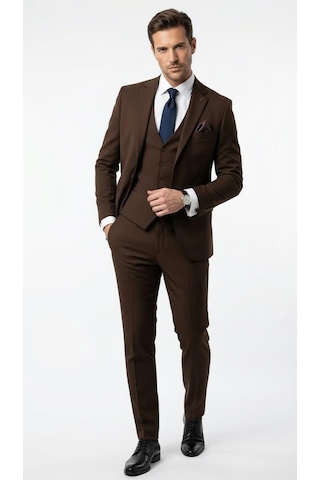 Erkek 3 Parça Slim Fit Takım Elbise Klasik Likralı Kumaş, Tek Düğme, Çift Yırtmaçlı Modern Kesim Ceket Yelek Pantolon Kahverengi