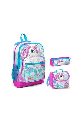 Coral High Mavi Unicorn Baskılı Kız Çocuk 3'lü İlkokul Çanta Seti
