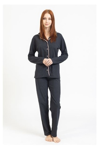 Tampap Gömlek Yaka Düğmeli Kadın Pijama Takımı 3010 Füme
